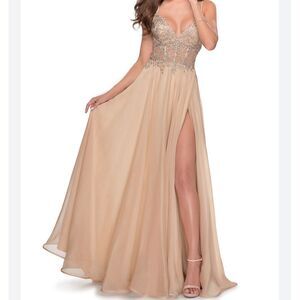 La Femme Nude Chiffon‎ Applique A Line Gown Sz 12 NWT Pockets Corset Style 28543